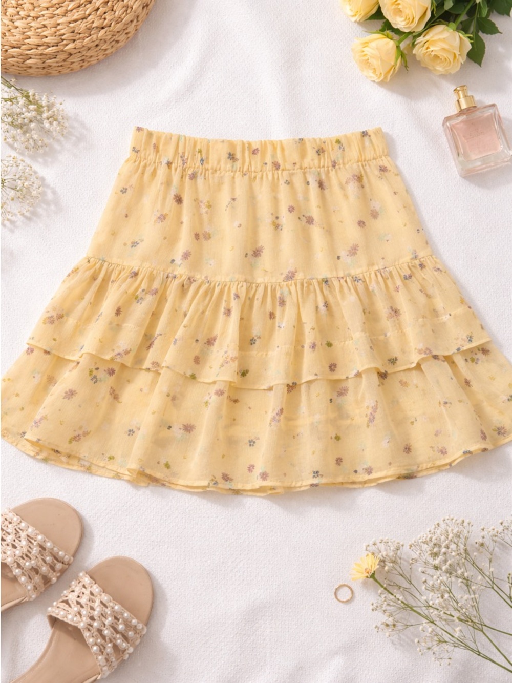 Free People Yellow Floral Tiered Mini Skirt